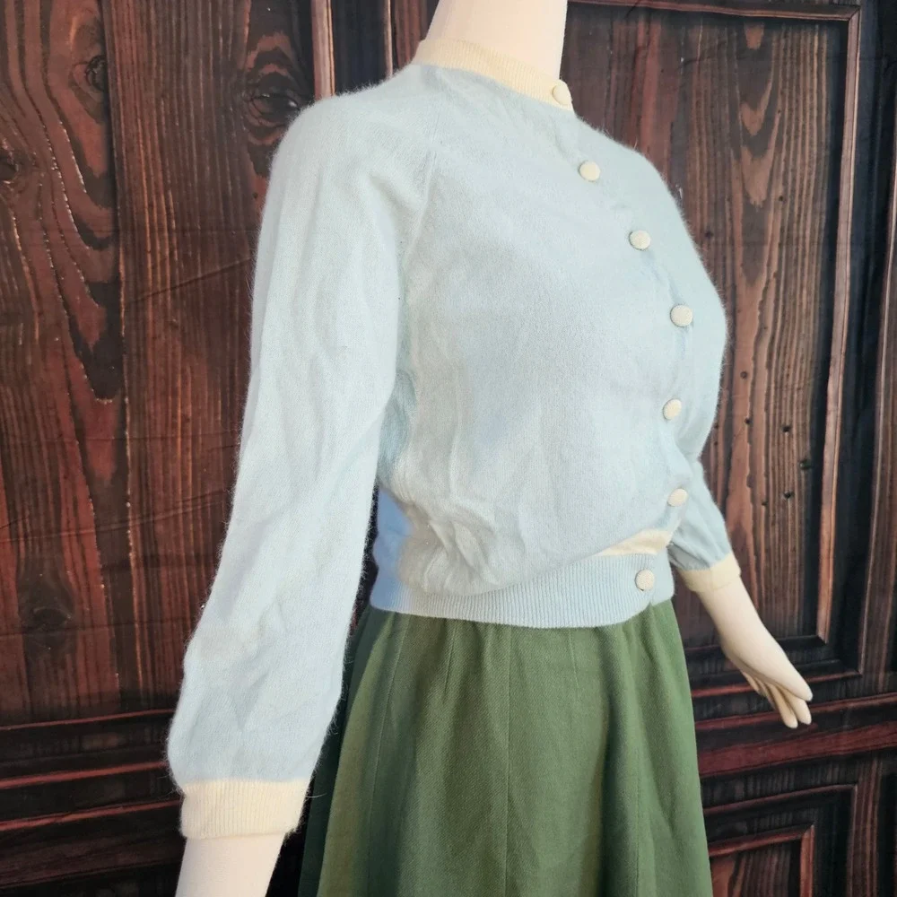 Vintage 1950s Elliot Import Angora Lambswool Cardigan Blue Cream Buttons Pinup